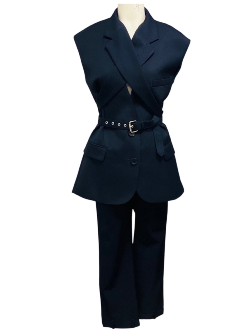MONSE MIDNIGHT CRISS CROSS VEST AND DECONSTRUCTED TAILORED TUXEDO TROUSERS SUIT